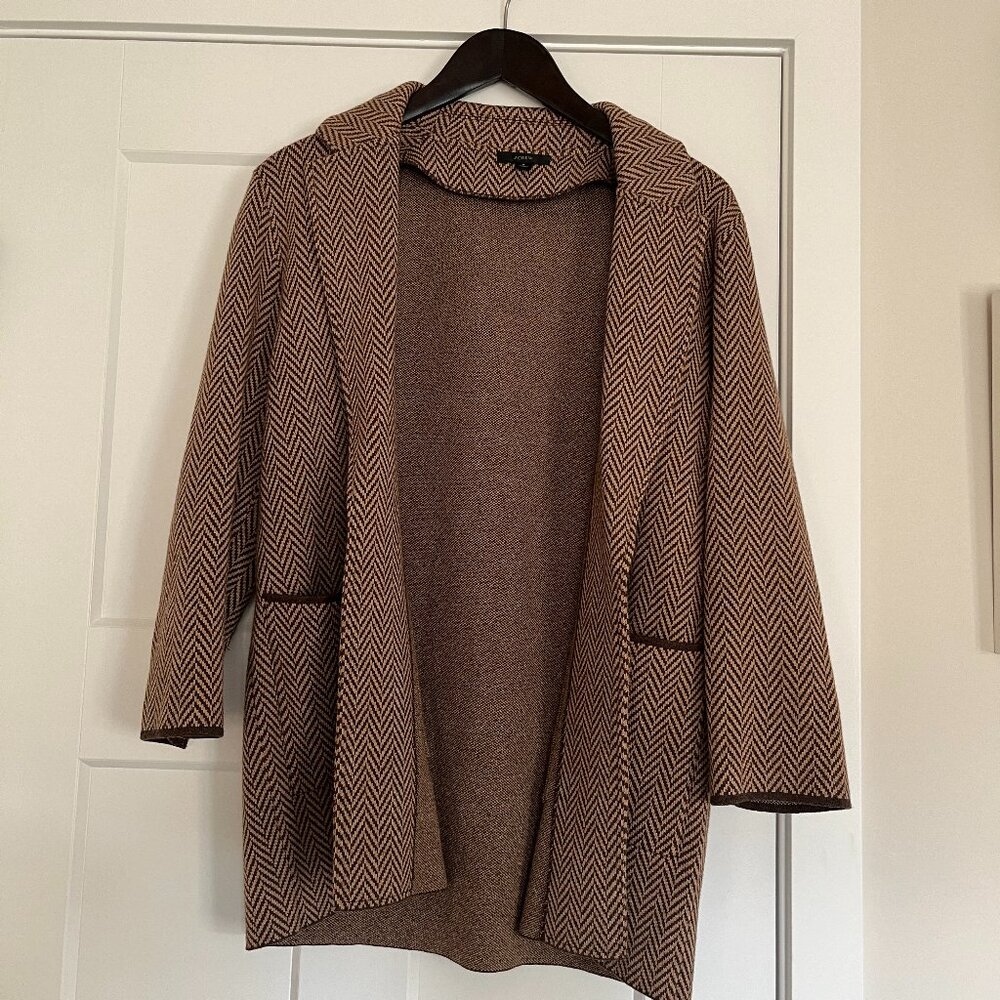 J. Crew Chevron Sophie Open Front Sweater Blazer in Heather Coffee Khaki Small